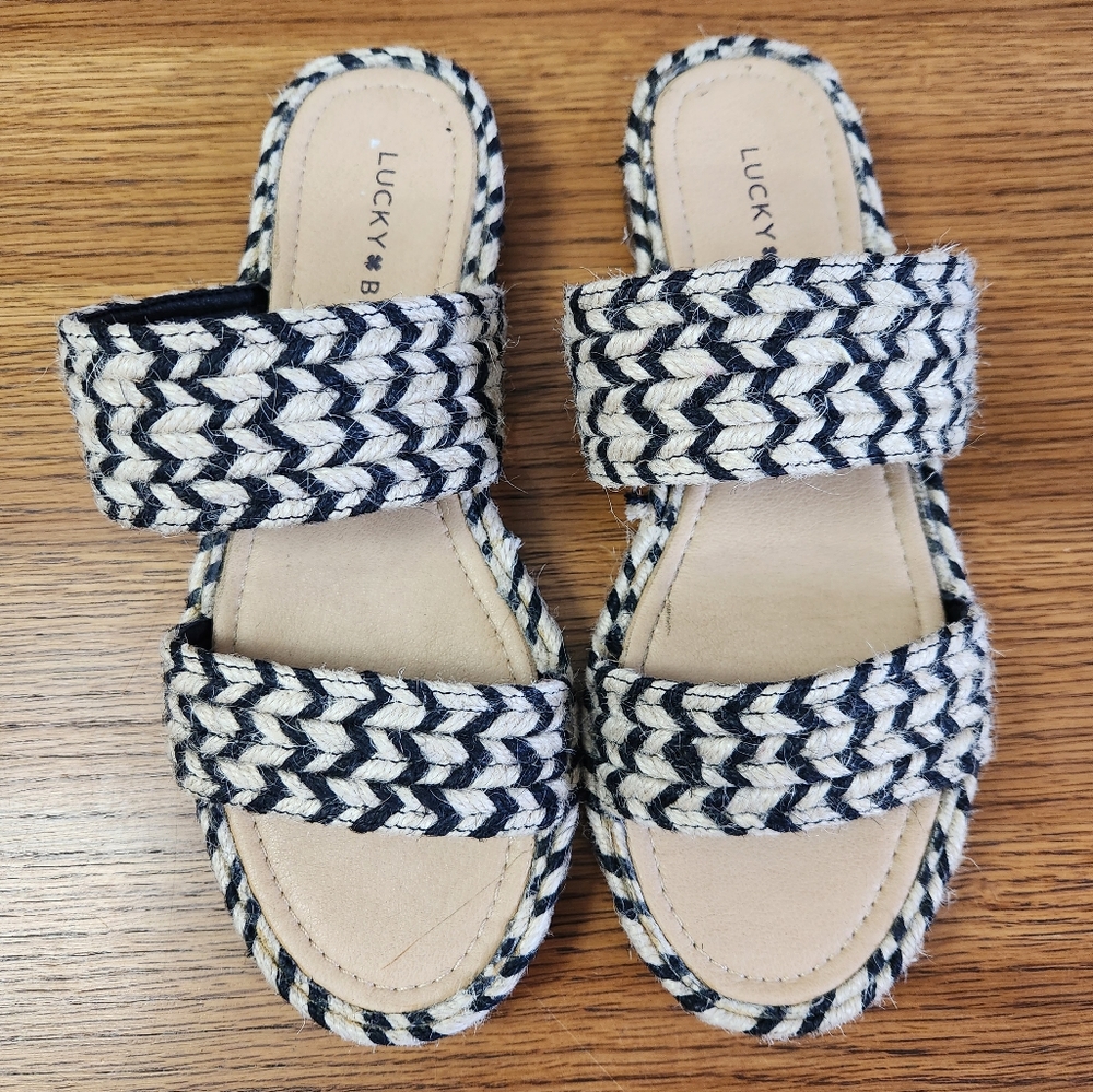 Lucky Brand 'Decime' Woven Jute Chevron Flat Espadrille Sandals in Black Natural